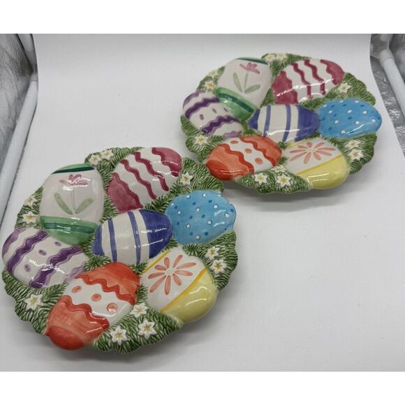 Fitz And Floyd Essentials Set of 2 Easter Egg Canape Plate 8"‎ diameter - Picture 1 of 4